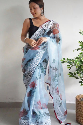 SKY BLUE ORGANZA EMBROIDERED SAREE