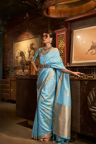 SKY BLUE ZARI BASE HANDLOOM WEAVING SILK SAREE