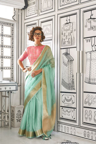 Sky Blue Moss Chiffon Handloom Weaving Saree