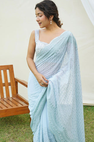 SKY BLUE GEORGETTE SILK SAREE