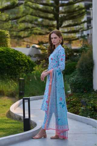 Sky Blue Tissue With Floral Print and Embroidery Kurta Set