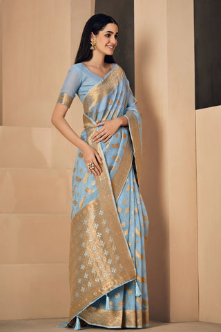 SKY BLUE LINEN CHANDERI SAREE