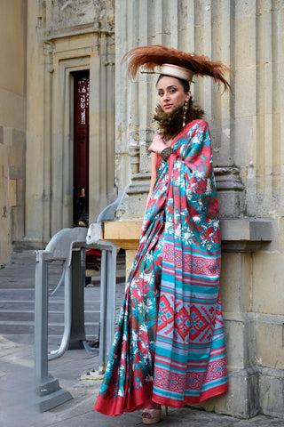 Sky Blue Satin Crepe Saree