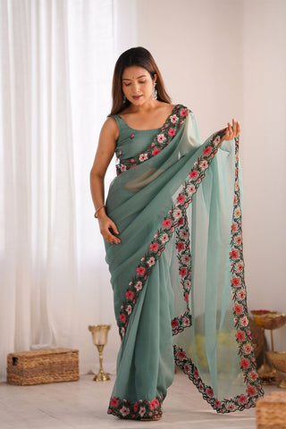 Sky Blue Gold Crush With Multi Embroidery Work Saree_Kumari Sarees