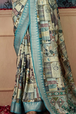 SKY BLUE HANDLOOM TUSSAR WITH DIGITAL PRINT SAREE