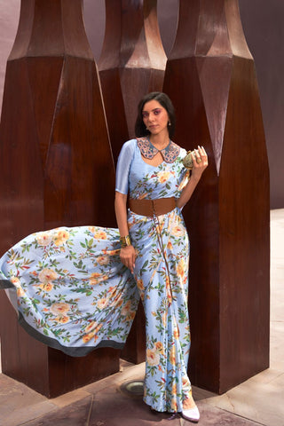 SKY BLUE DIGITAL PRINTED SATIN CREPE SAREE