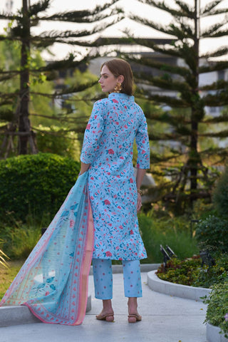 Sky Blue Tissue With Floral Print and Embroidery Kurta Set