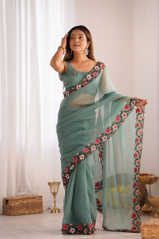 Sky Blue Gold Crush With Multi Embroidery Work Saree_Kumari Sarees