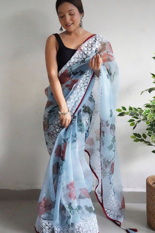 SKY BLUE ORGANZA EMBROIDERED SAREE