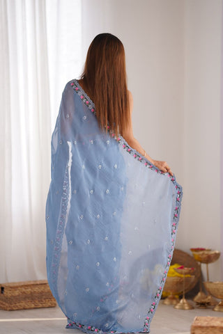 Sky Blue Sequins Silk Embroidery Thread Work Saree