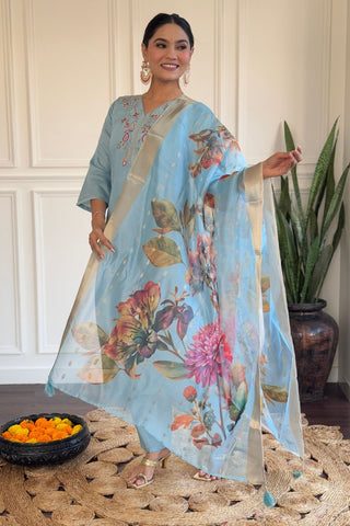 Sky Blue Viscose Chanderi Embroidered Stright Kurta Set