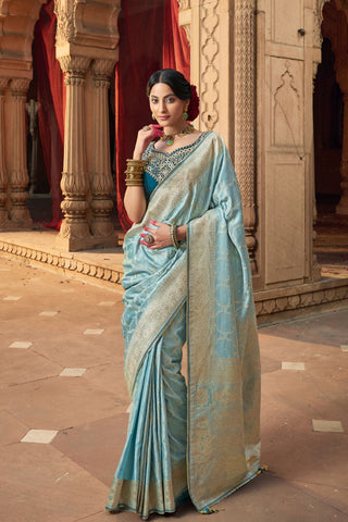 Sky Blue Pure Satin Fancy Saree 