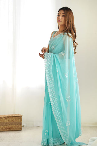 Sky Blue Georgette Silk Saree_Kumari Sarees