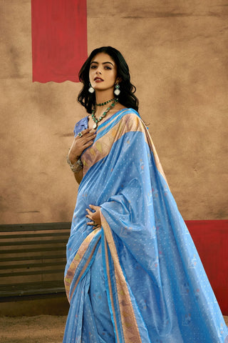 Sky Blue Patola Handloom Weaving Silk Saree_Kumari Sarees