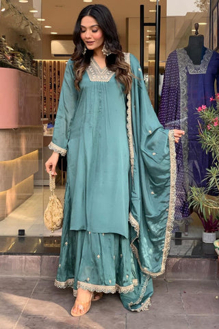 Sky Blue Chinon Silk Embroidery Kurta Set