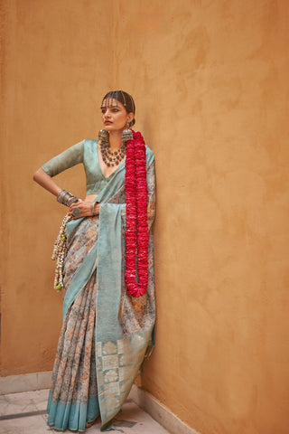 Sky Blue Handloom Tussar Linen Saree_Kumari Sarees