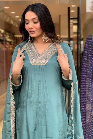 Sky Blue Chinon Silk Embroidery Kurta Set