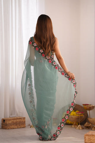 Sky Blue Gold Crush With Multi Embroidery Work Saree_Kumari Sarees