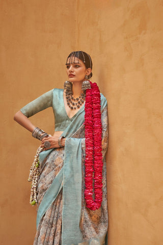 Sky Blue Handloom Tussar Linen Saree