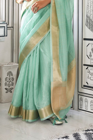 Sky Blue Moss Chiffon Handloom Weaving Saree