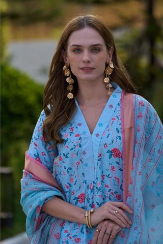 Sky Blue Tissue With Floral Print and Embroidery Kurta Set