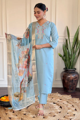 Sky Blue Viscose Chanderi Embroidered Stright Kurta Set