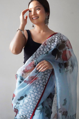 SKY BLUE ORGANZA EMBROIDERED SAREE