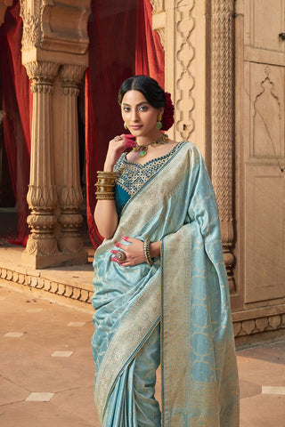 Sky Blue Pure Satin Fancy Saree 