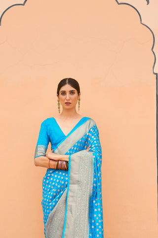 SKY BLUE NYLON HADNLOOM WEAVING SAREES