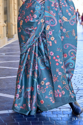 SKY BLUE DIGITAL PRINT SATIN CREPE SAREE