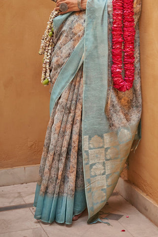 Sky Blue Handloom Tussar Linen Saree_Kumari Sarees