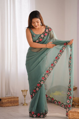 Sky Blue Gold Crush With Multi Embroidery Work Saree_Kumari Sarees