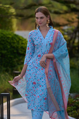 Sky Blue Tissue With Floral Print and Embroidery Kurta Set