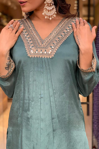 Sky Blue Chinon Silk Embroidery Kurta Set