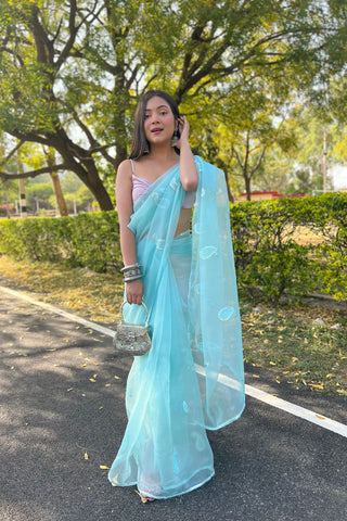 SKY BLUE ORGANZA SILK SAREE