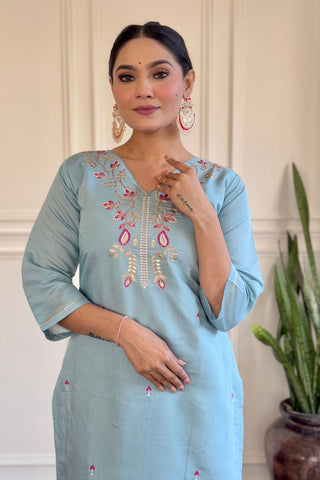 Sky Blue Viscose Chanderi Embroidered Stright Kurta Set