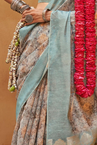 Sky Blue Handloom Tussar Linen Saree_Kumari Sarees