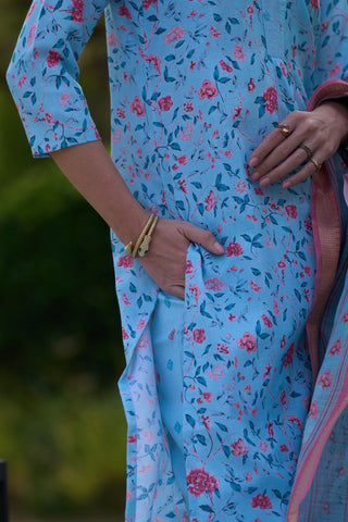 Sky Blue Tissue With Floral Print and Embroidery Kurta Set