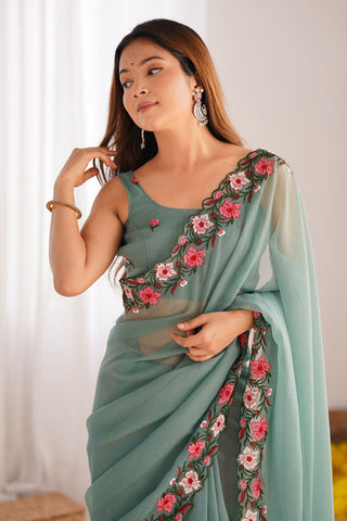 Sky Blue Gold Crush With Multi Embroidery Work Saree_Kumari Sarees