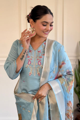 Sky Blue Viscose Chanderi Embroidered Stright Kurta Set