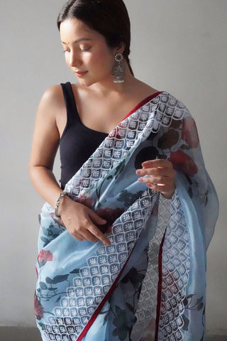 SKY BLUE ORGANZA EMBROIDERED SAREE