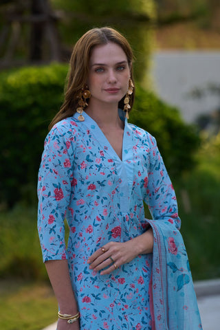 Sky Blue Tissue With Floral Print and Embroidery Kurta Set