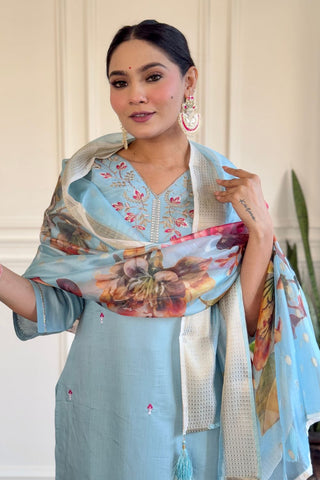Sky Blue Viscose Chanderi Embroidered Stright Kurta Set