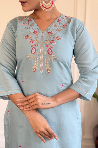 Sky Blue Viscose Chanderi Embroidered Stright Kurta Set