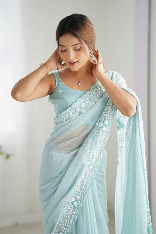 Sky Blue Georgette Silk Saree_Kumari Sarees