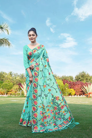 Sky Blue Soft Cotton Jamdani Floral Saree