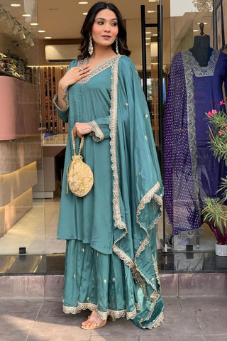 Sky Blue Chinon Silk Embroidery Kurta Set