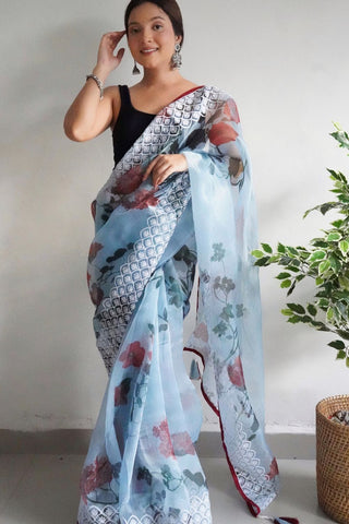 SKY BLUE ORGANZA EMBROIDERED SAREE