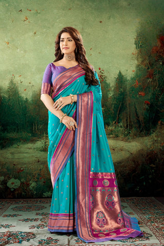 SKY BLUE SOFT PESHWAI PAITHANI SILK