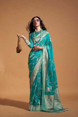 Sky Blue Pure Georgette Handloom Weaving Silk Saree